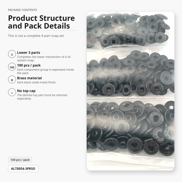Black Oxide Color Brass 54 System Lower 3 Parts for Snap Fasteners, 100 pcs Pack
