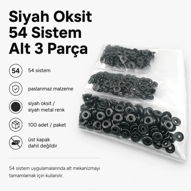 Black Oxide Color Stainless 54 System Lower 3 Parts, 100 pcs/Pack - Ideal for snap fastener applications in coats, bags, and