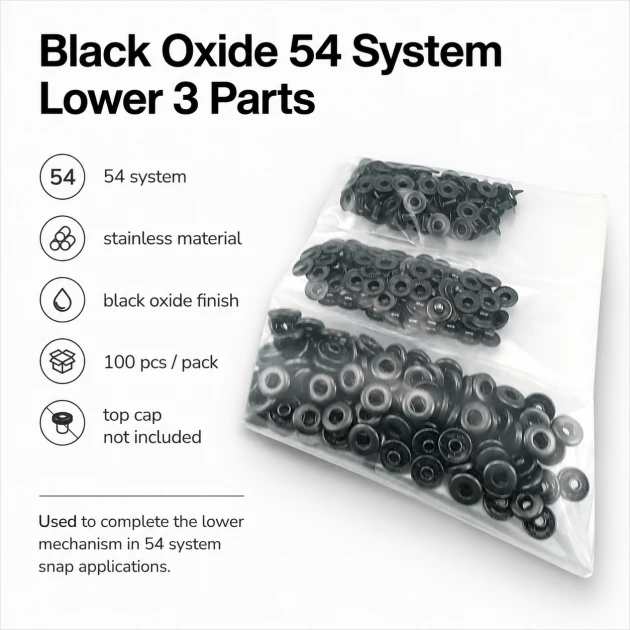 Black Oxide Color Stainless 54 System Lower 3 Parts, 100 pcs/Pack - Ideal for snap fastener applications in coats, bags, and