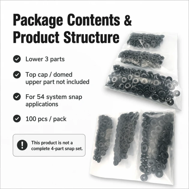 Black Oxide Color Stainless 54 System Lower 3 Parts, 100 pcs/Pack - Ideal for snap fastener applications in coats, bags, and
