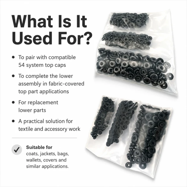 Black Oxide Color Stainless 54 System Lower 3 Parts, 100 pcs/Pack - Ideal for snap fastener applications in coats, bags, and