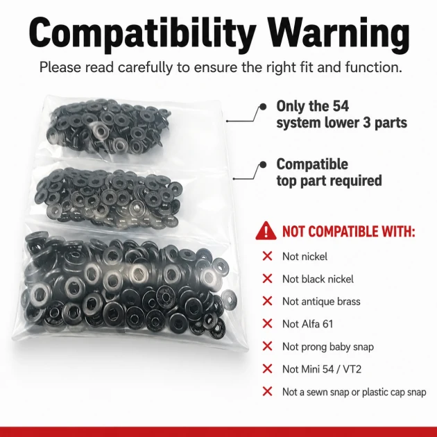 Black Oxide Color Stainless 54 System Lower 3 Parts, 100 pcs/Pack - Ideal for snap fastener applications in coats, bags, and