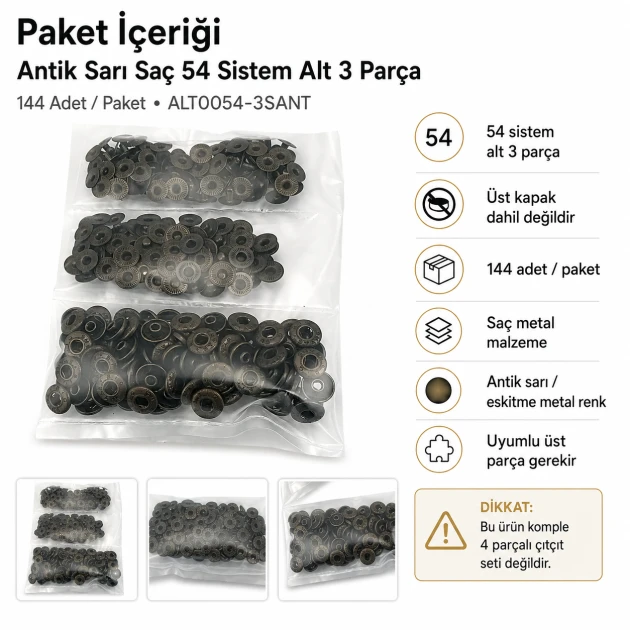 Antik Sarı Renk Saç 54 Sistem Alt 3 Parça 144 Adet/Paket - Nikel renk saç 54 sistem çıtçıt uygulamaları için ideal metal