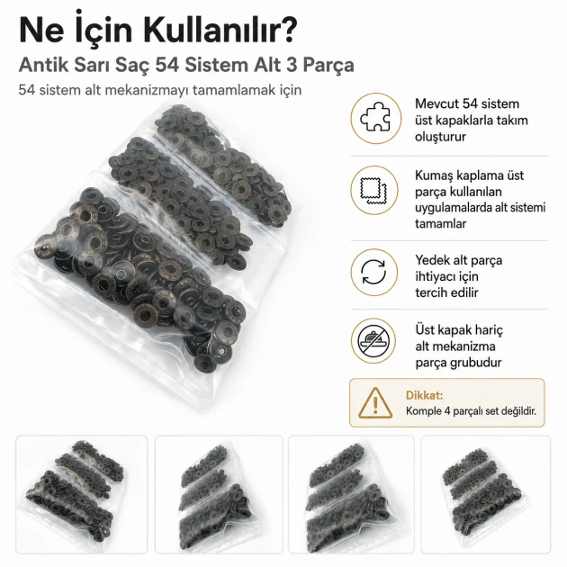 Antik Sarı Renk Saç 54 Sistem Alt 3 Parça 144 Adet/Paket - Nikel renk saç 54 sistem çıtçıt uygulamaları için ideal metal