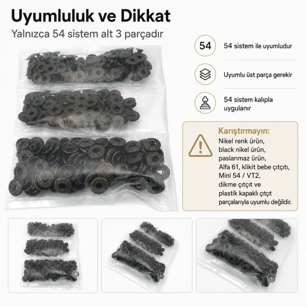 Antik Sarı Renk Saç 54 Sistem Alt 3 Parça 144 Adet/Paket - Nikel renk saç 54 sistem çıtçıt uygulamaları için ideal metal