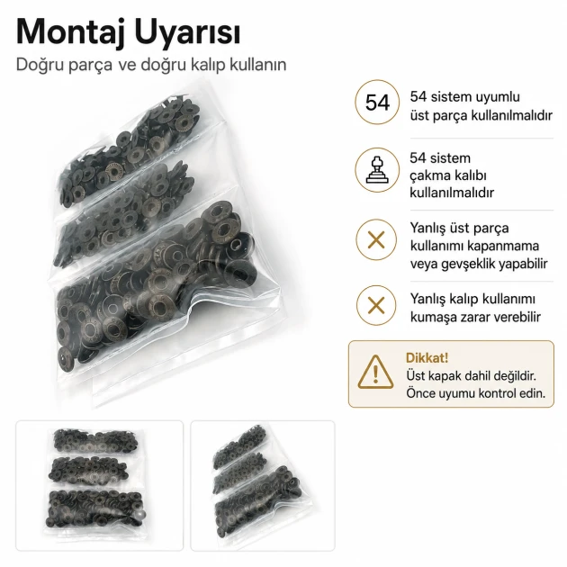 Antik Sarı Renk Saç 54 Sistem Alt 3 Parça 144 Adet/Paket - Nikel renk saç 54 sistem çıtçıt uygulamaları için ideal metal