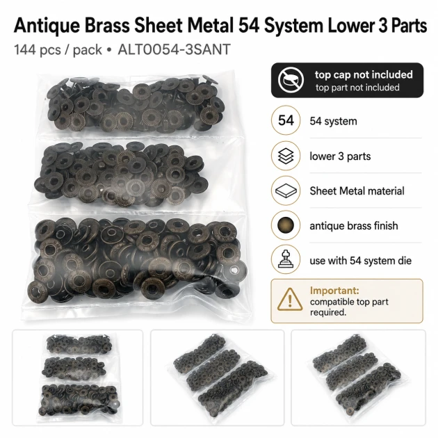 Antik Sarı Renk Saç 54 Sistem Alt 3 Parça 144 Adet/Paket - Nikel renk saç 54 sistem çıtçıt uygulamaları için ideal metal