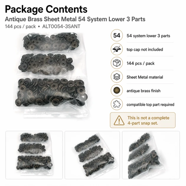 Antik Sarı Renk Saç 54 Sistem Alt 3 Parça 144 Adet/Paket - Nikel renk saç 54 sistem çıtçıt uygulamaları için ideal metal
