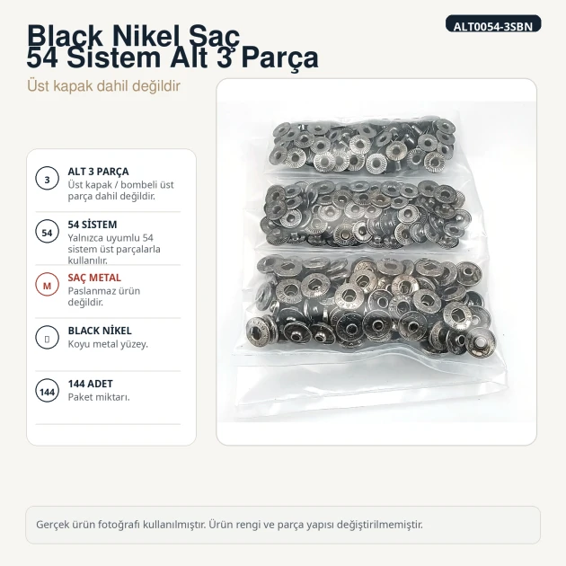 Black Nickel Color Sheet Metal 54 System Lower 3 Parts for Snap Fastener Applications, 144 pcs Pack