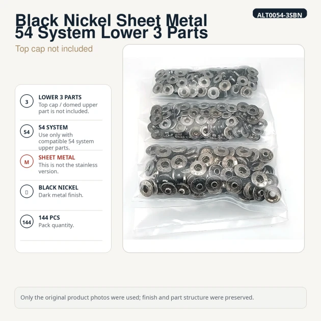 Black Nickel Color Sheet Metal 54 System Lower 3 Parts for Snap Fastener Applications, 144 pcs Pack