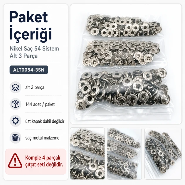 Nikel Renk Saç 54 Sistem Alt 3 Parça 144 Adet/Paket - Black Nikel metal malzeme ile mont, kaban, çanta ve tekstil