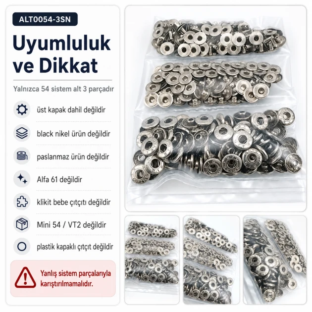 Nikel Renk Saç 54 Sistem Alt 3 Parça 144 Adet/Paket - Black Nikel metal malzeme ile mont, kaban, çanta ve tekstil