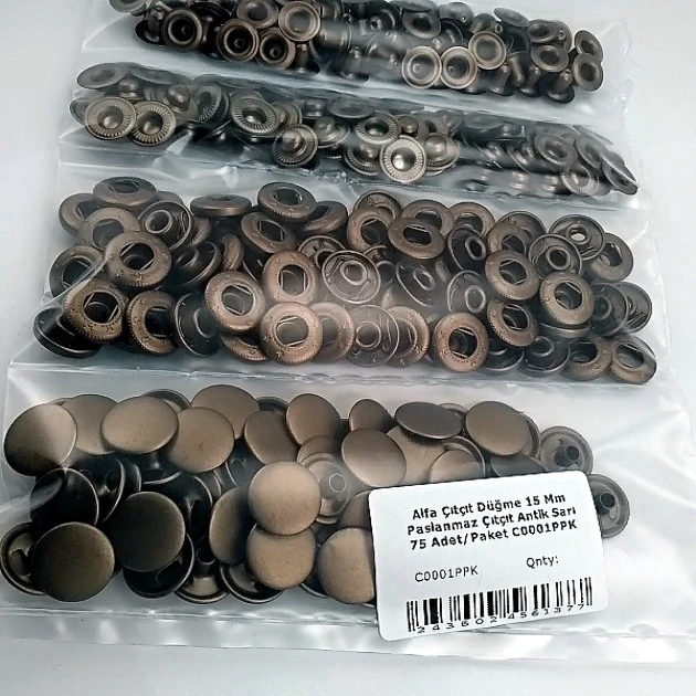 15 mm Alpha Snap Fasteners Antique Brass Stainless Steel Snap Button 75 Pcs/Pack C0001PPKANT