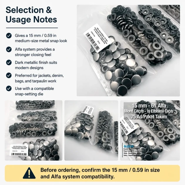 Alpha Snap Fasteners 15 mm Black Nikel Stainless Steel Snap Button 75 Pcs Pack - Durable and Rust Resistant Fasteners for