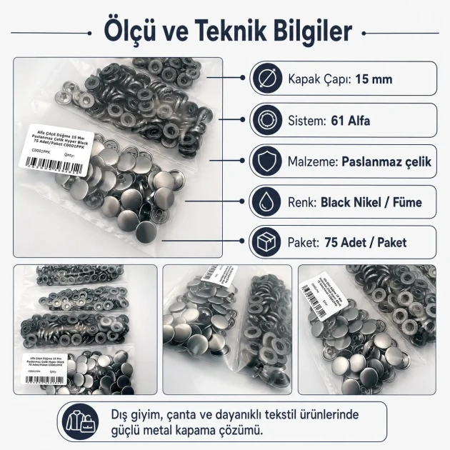 Alpha Snap Fasteners 15 mm Black Nikel Stainless Steel Snap Button 75 Pcs Pack - Durable and Rust Resistant Fasteners for