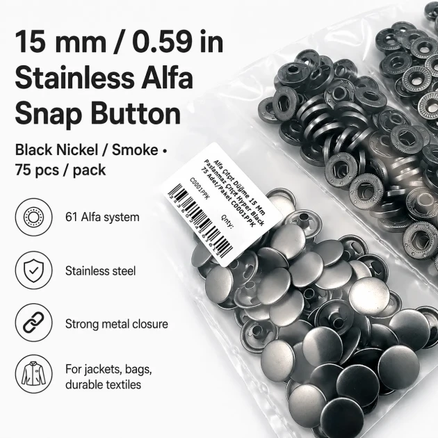 Alpha Snap Fasteners 15 mm Black Nikel Stainless Steel Snap Button 75 Pcs Pack - Durable and Rust Resistant Fasteners for