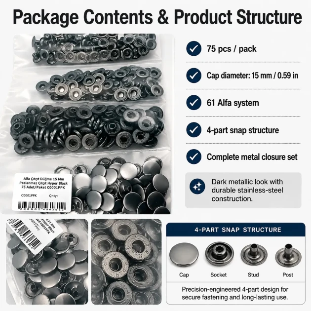 Alpha Snap Fasteners 15 mm Black Nikel Stainless Steel Snap Button 75 Pcs Pack - Durable and Rust Resistant Fasteners for