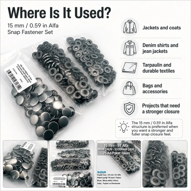 Alpha Snap Fasteners 15 mm Black Nikel Stainless Steel Snap Button 75 Pcs Pack - Durable and Rust Resistant Fasteners for