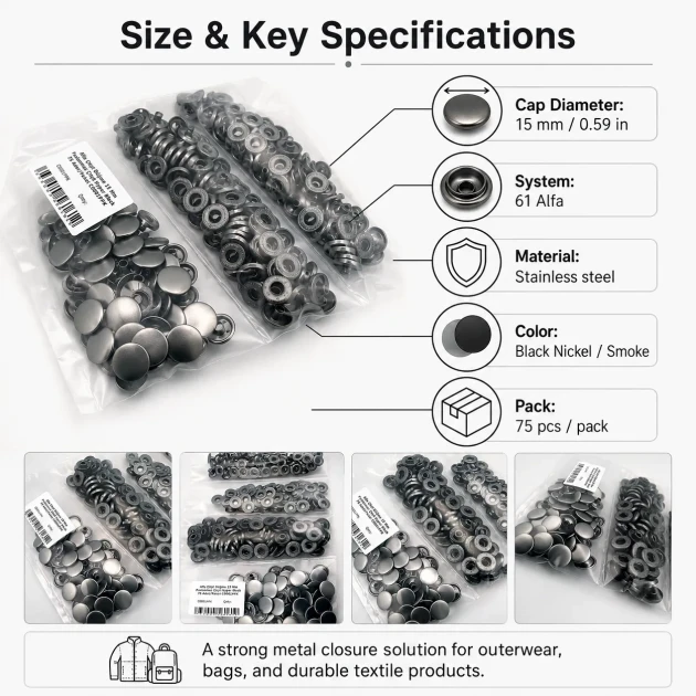 Alpha Snap Fasteners 15 mm Black Nikel Stainless Steel Snap Button 75 Pcs Pack - Durable and Rust Resistant Fasteners for