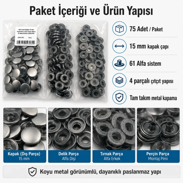 Alpha Snap Fasteners 15 mm Black Nikel Stainless Steel Snap Button 75 Pcs Pack - Durable and Rust Resistant Fasteners for