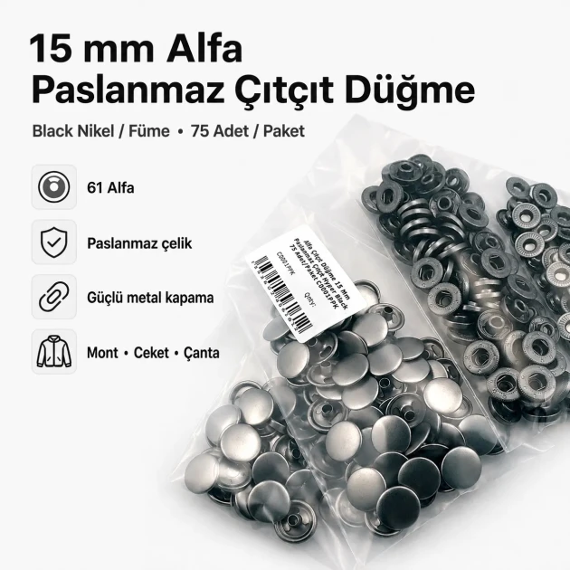 Alpha Snap Fasteners 15 mm Black Nikel Stainless Steel Snap Button 75 Pcs Pack - Durable and Rust Resistant Fasteners for