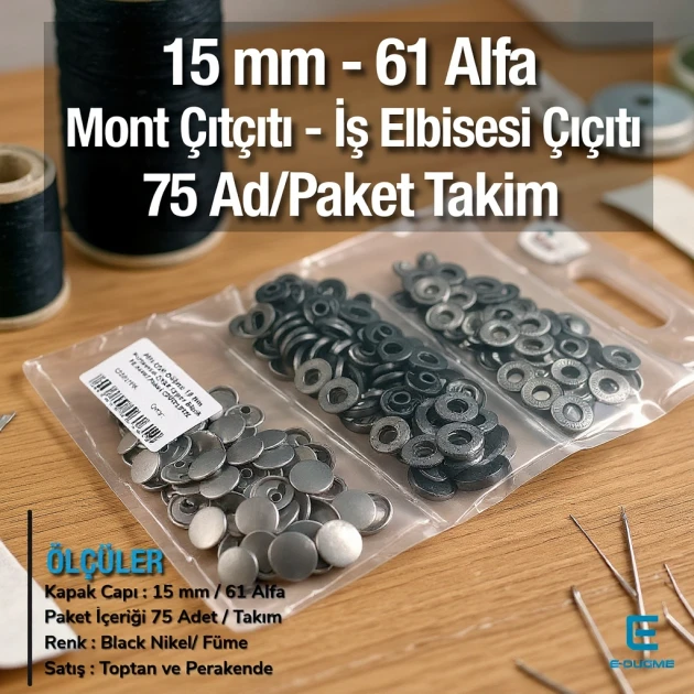 15 mm Alpha Snap Fasteners Black Nikel Stainless Steel Snap Button 75 Pcs/Pack C0001PPK