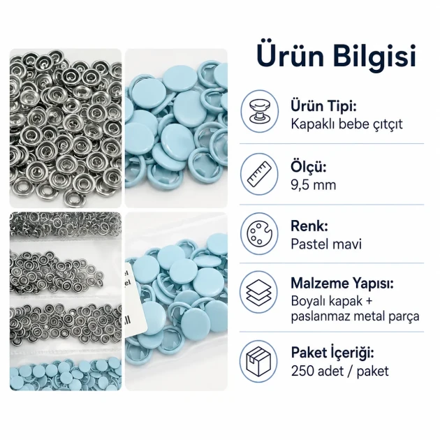 Pastel Blue Painted Stainless Capped Baby Snap Fastener 9.5 mm / 0.37 in, 250 Sets/Pack