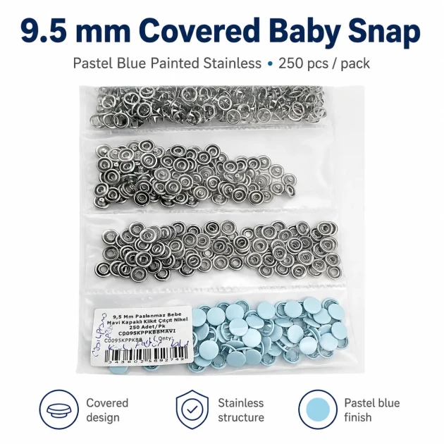 Pastel Blue Painted Stainless Capped Baby Snap Fastener 9.5 mm / 0.37 in, 250 Sets/Pack
