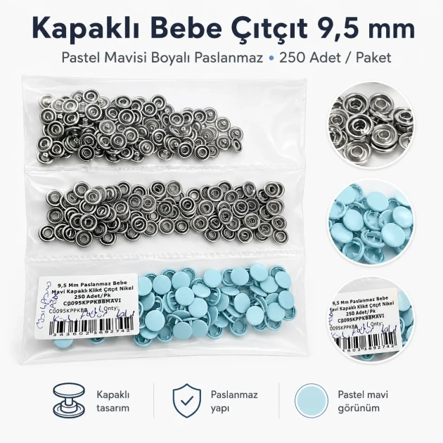 Pastel Blue Painted Stainless Capped Baby Snap Fastener 9.5 mm / 0.37 in, 250 Sets/Pack