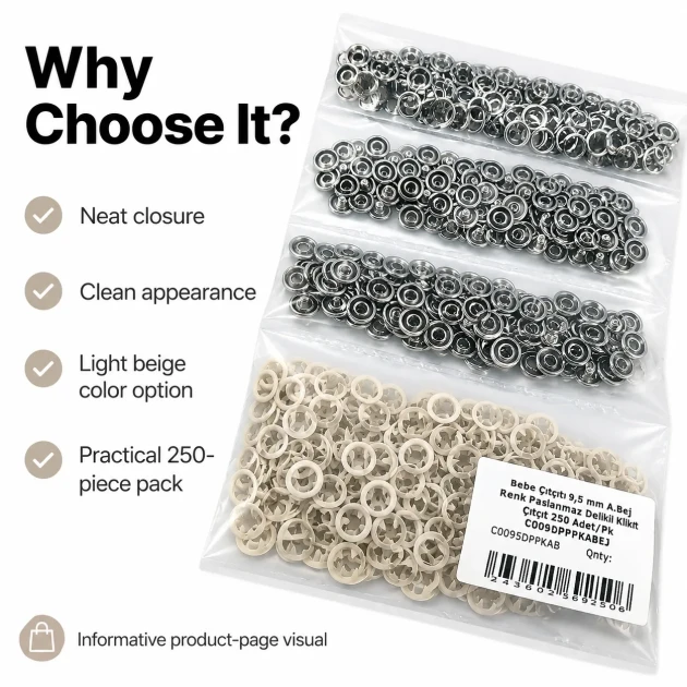 Light Beige Stainless Ring-Style Prong Baby Snap Fastener 9.5 mm / 0.37 in for babywear and accessories