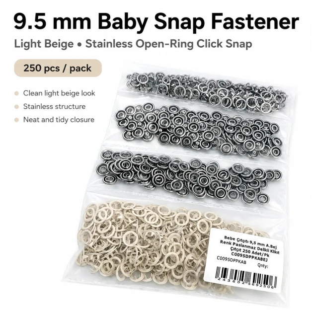 Light Beige Stainless Ring-Style Prong Baby Snap Fastener 9.5 mm / 0.37 in for babywear and accessories