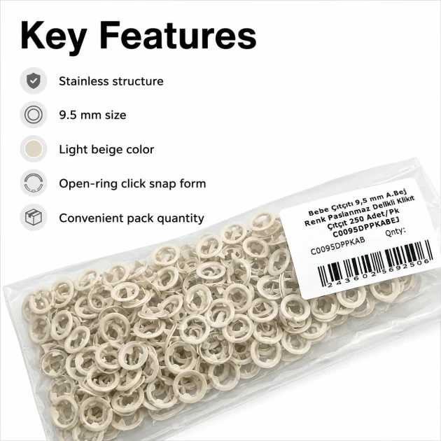 Light Beige Stainless Ring-Style Prong Baby Snap Fastener 9.5 mm / 0.37 in for babywear and accessories