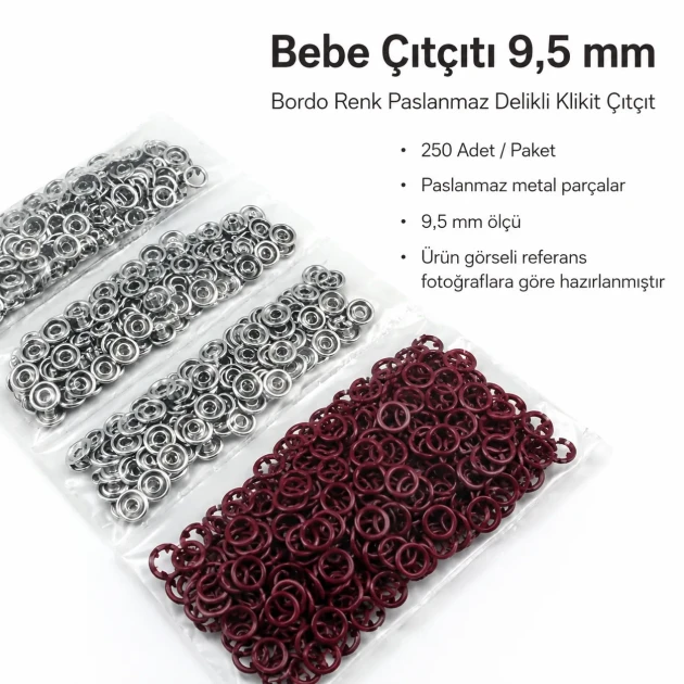 Burgundy Stainless Ring-Style Prong Baby Snap Fastener 9.5 mm / 0.37 in for babywear and accessories