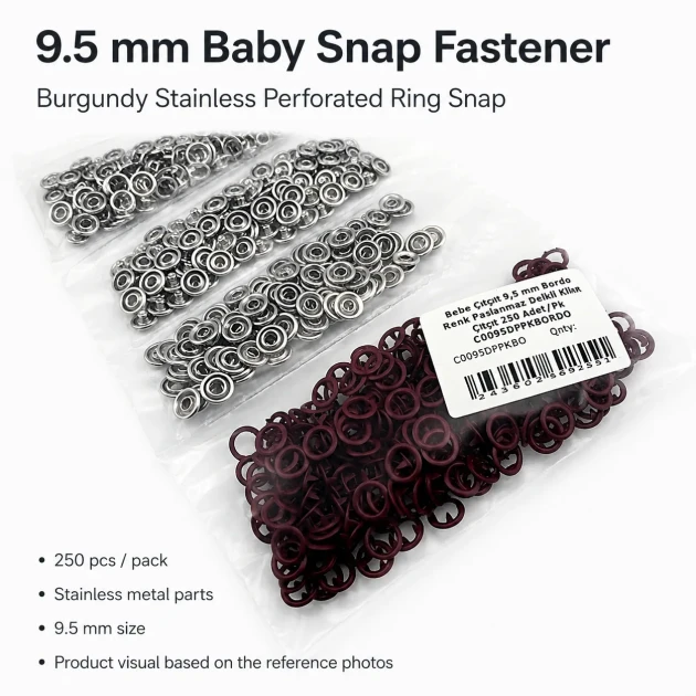 Burgundy Stainless Ring-Style Prong Baby Snap Fastener 9.5 mm / 0.37 in for babywear and accessories