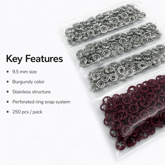 Burgundy Stainless Ring-Style Prong Baby Snap Fastener 9.5 mm / 0.37 in for babywear and accessories