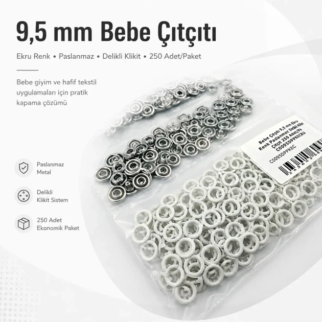 Ecru Stainless Ring-Style Prong Baby Snap Fastener 9.5 mm / 0.37 in for babywear and children's clothing