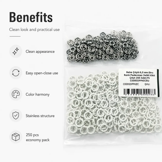 Ecru Stainless Ring-Style Prong Baby Snap Fastener 9.5 mm / 0.37 in for babywear and children's clothing