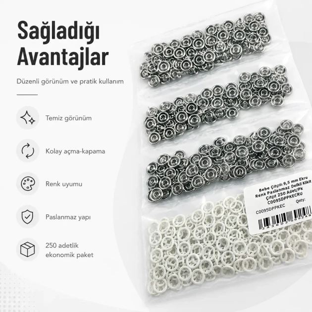 Ecru Stainless Ring-Style Prong Baby Snap Fastener 9.5 mm / 0.37 in for babywear and children's clothing
