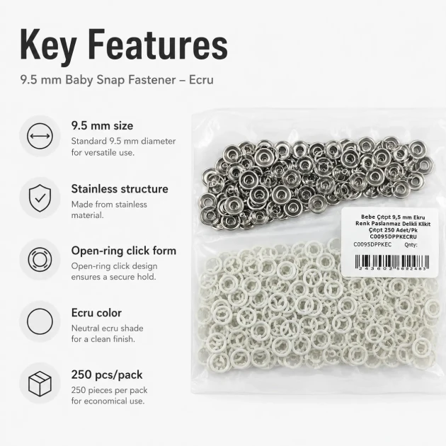 Ecru Stainless Ring-Style Prong Baby Snap Fastener 9.5 mm / 0.37 in for babywear and children's clothing