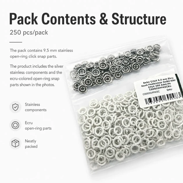 Ecru Stainless Ring-Style Prong Baby Snap Fastener 9.5 mm / 0.37 in for babywear and children's clothing