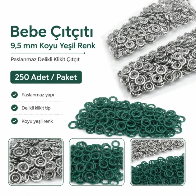 Dark Green Stainless Ring-Style Prong Baby Snap Fastener 9.5 mm / 0.37 in for babywear and accessories
