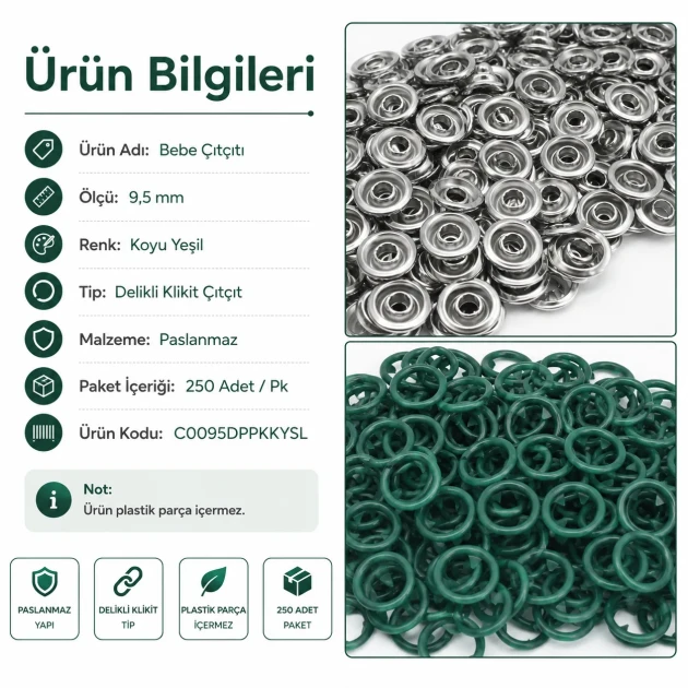 Dark Green Stainless Ring-Style Prong Baby Snap Fastener 9.5 mm / 0.37 in for babywear and accessories