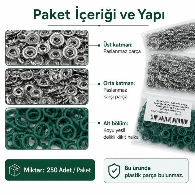 Dark Green Stainless Ring-Style Prong Baby Snap Fastener 9.5 mm / 0.37 in for babywear and accessories