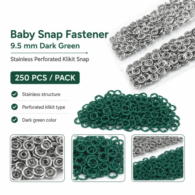 Dark Green Stainless Ring-Style Prong Baby Snap Fastener 9.5 mm / 0.37 in for babywear and accessories