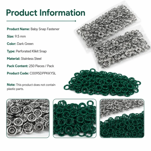 Dark Green Stainless Ring-Style Prong Baby Snap Fastener 9.5 mm / 0.37 in for babywear and accessories
