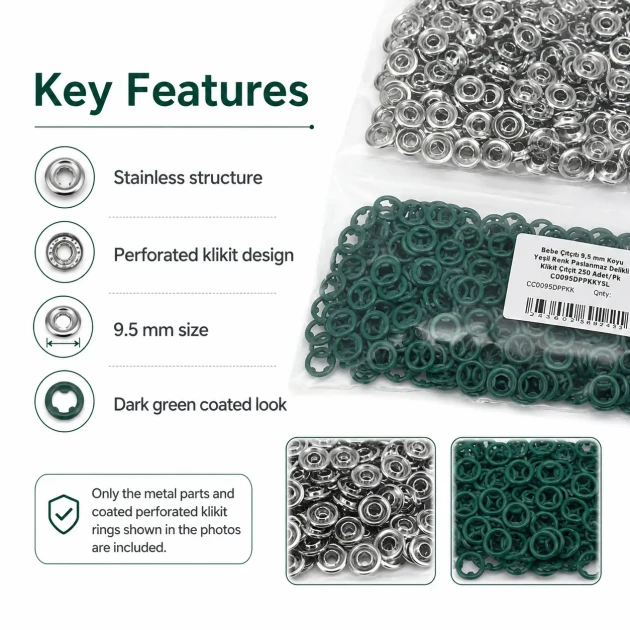 Dark Green Stainless Ring-Style Prong Baby Snap Fastener 9.5 mm / 0.37 in for babywear and accessories