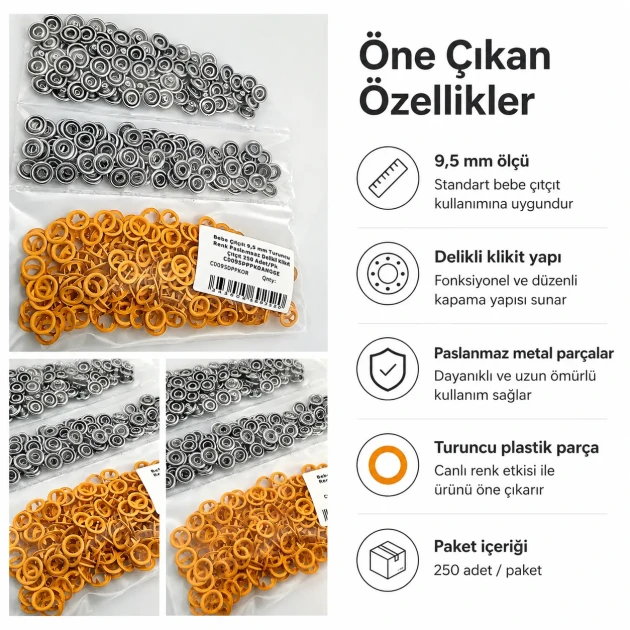 Orange Stainless Ring-Style Prong Baby Snap Fastener 9.5 mm / 0.37 in, 250 Sets/Pack