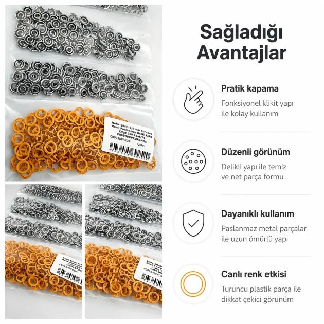Orange Stainless Ring-Style Prong Baby Snap Fastener 9.5 mm / 0.37 in, 250 Sets/Pack