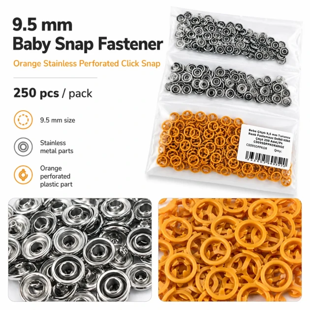 Orange Stainless Ring-Style Prong Baby Snap Fastener 9.5 mm / 0.37 in, 250 Sets/Pack