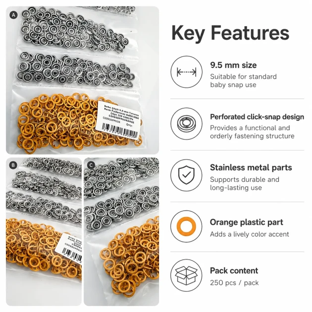 Orange Stainless Ring-Style Prong Baby Snap Fastener 9.5 mm / 0.37 in, 250 Sets/Pack